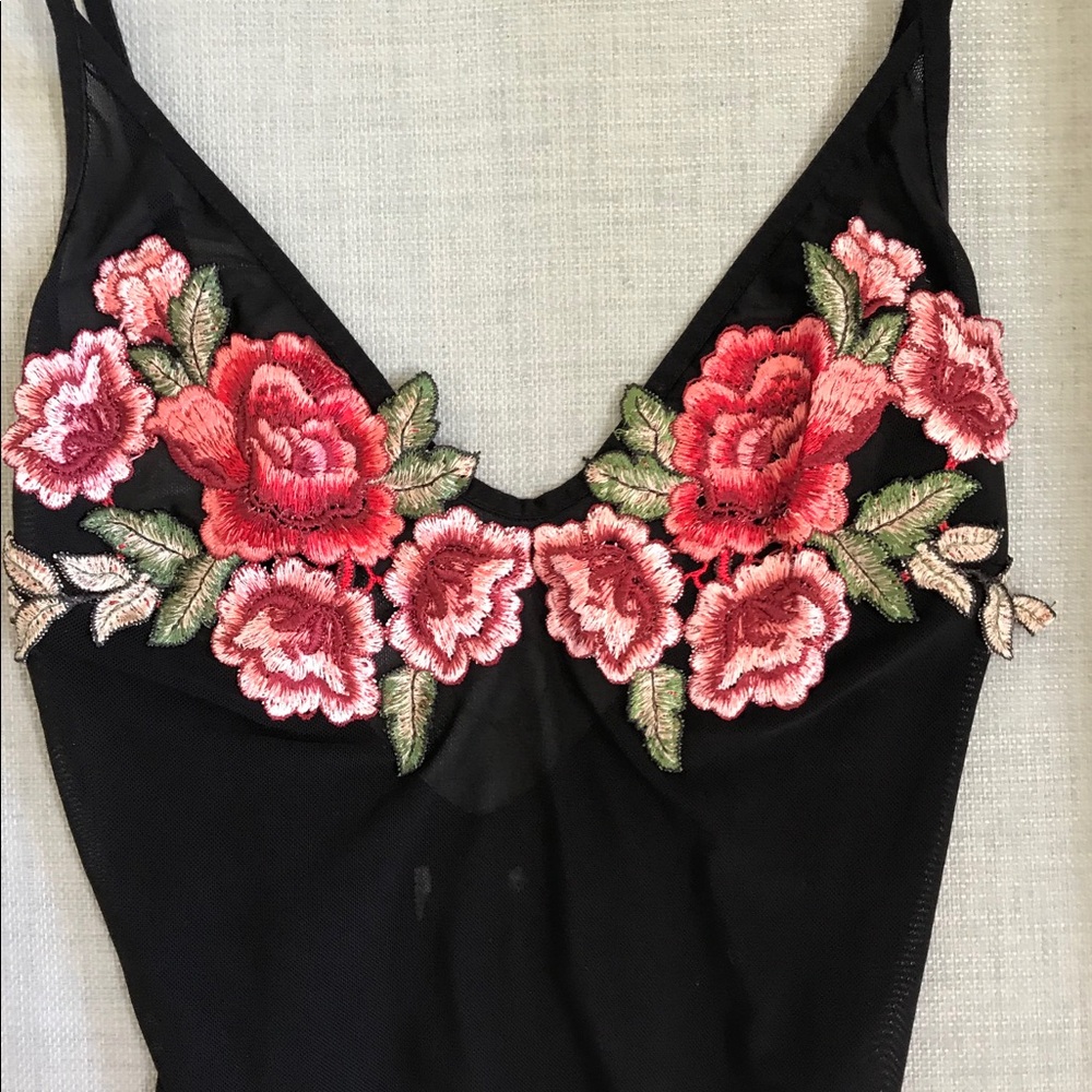 Floral appliqué black mesh bodysuit